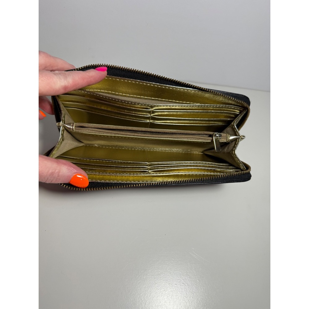 Fossil Zip Around Clutch Wallet Black Gold Metallic Women's Leather Wristlet EUC - Picture 3 of 7